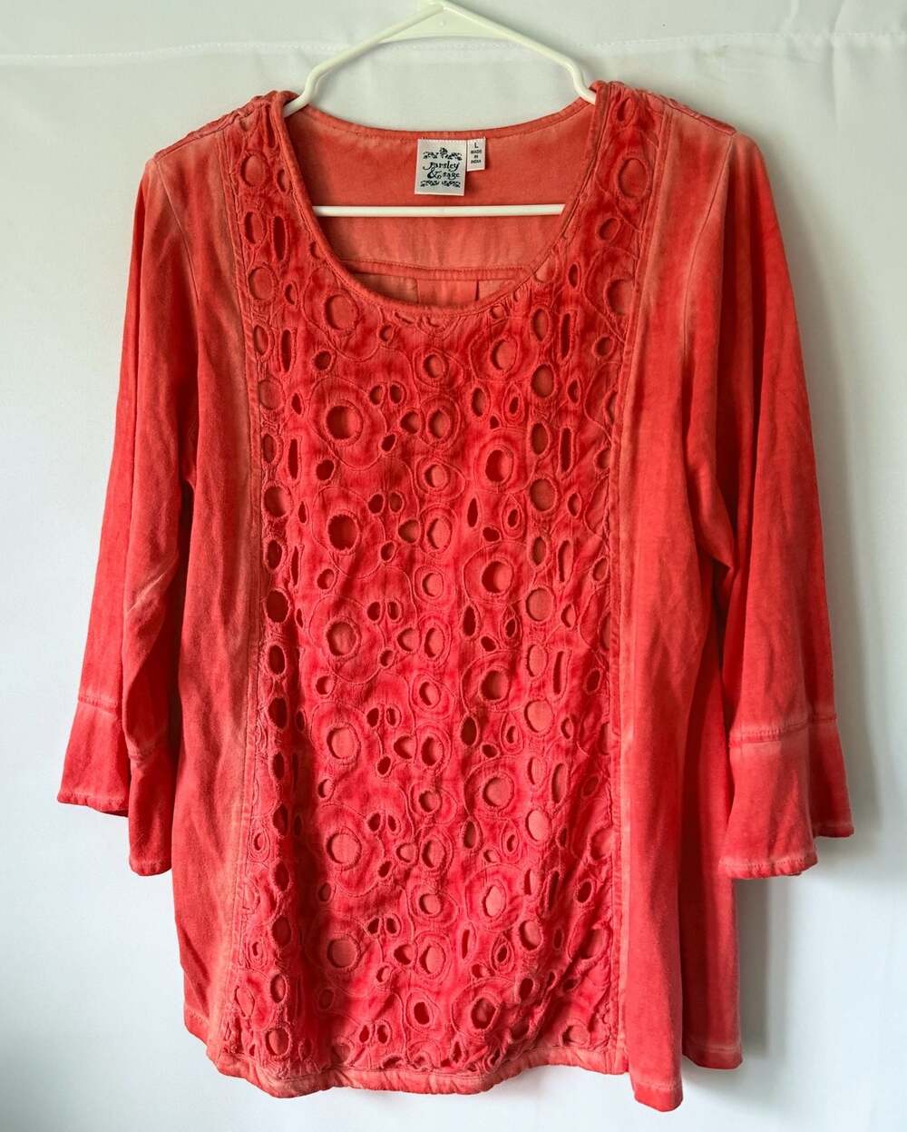 Parsley & Sage Coral Eyelet Embroidery 3/4 Sleeve Tunic Top Sz L Boho Lagenlook